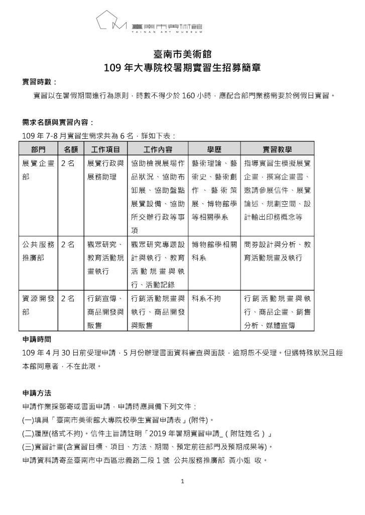 台南美術館109年大專院校暑期實習生招募簡章_頁面_1